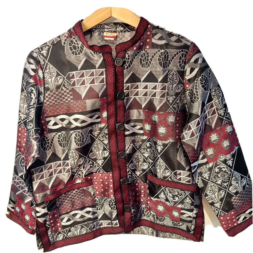 Tudor Court Mandarin Tapestry Jacket Medium Button Front Red Black